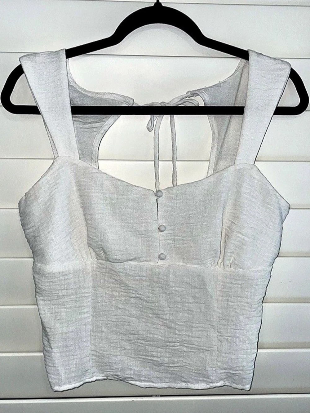 Sienna Sky White Linen Blend Crop Top Smocked Open Tie Back Size L